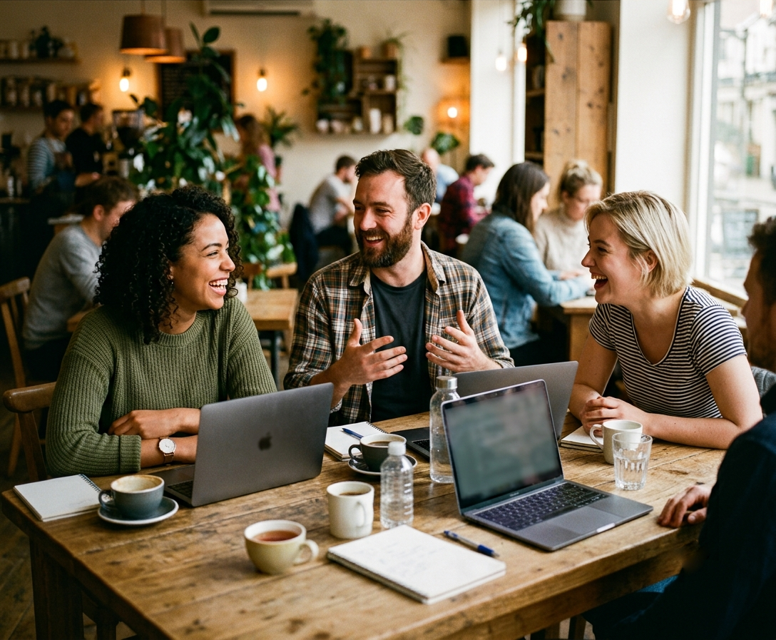 Remote team members laughing together while working from a cafe