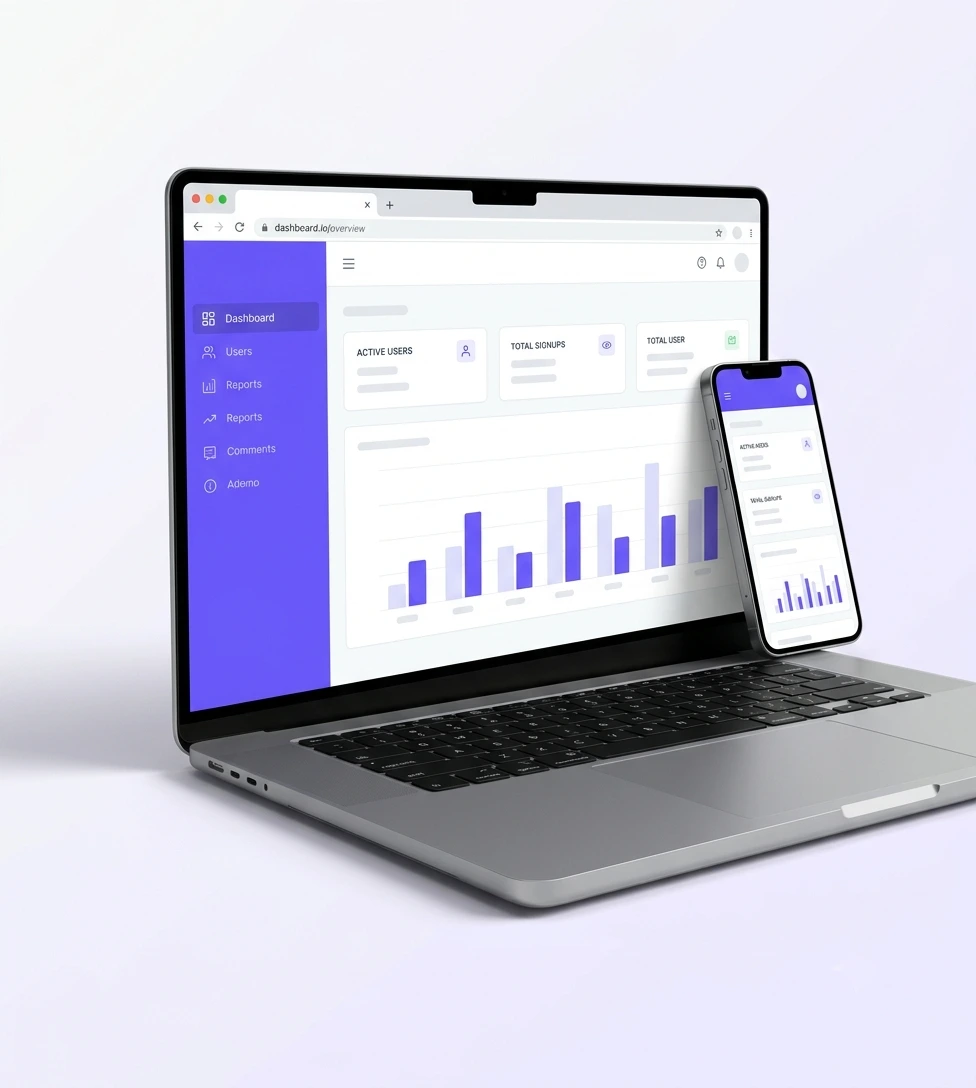 Laptop and smartphone showing a software dashboard with analytics charts
