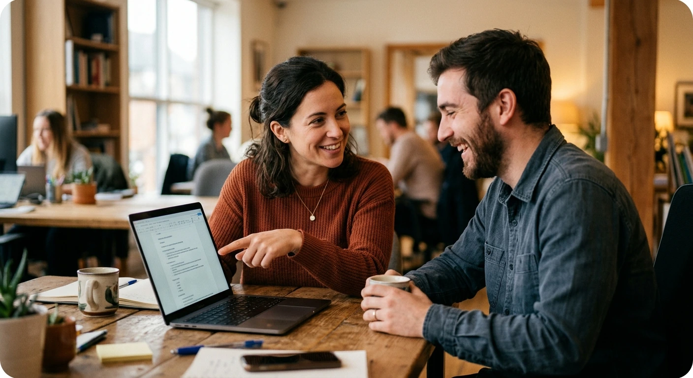 Two colleagues reviewing a project plan together on a laptop