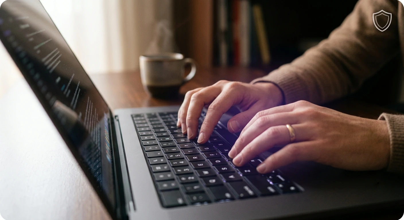 Developer typing code on a laptop, with a security shield icon overlay