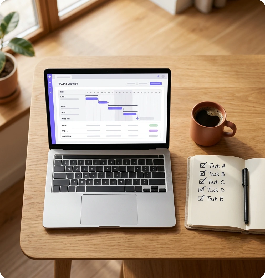 Laptop showing a project timeline next to a handwritten task checklist