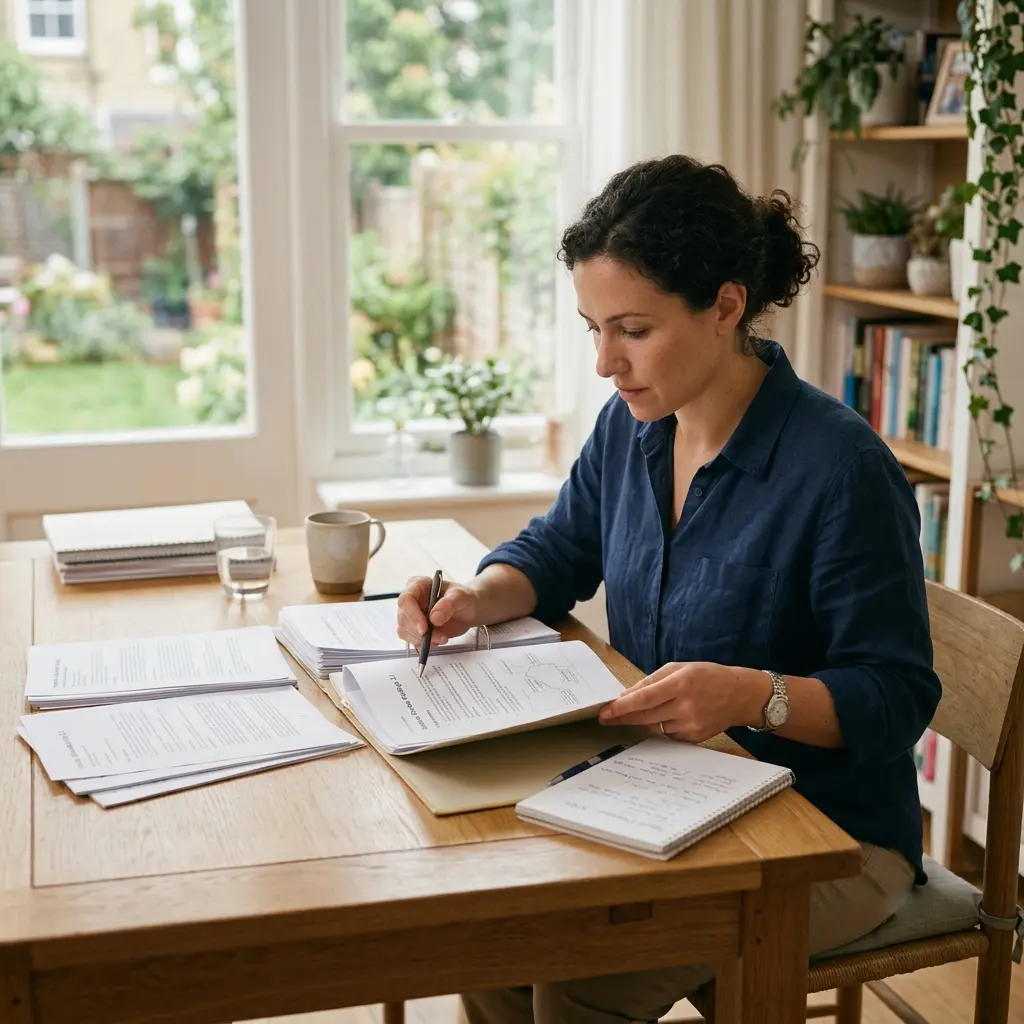 Researcher reviewing printed source documents and notes for a Wikipedia notability review
